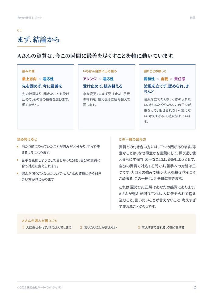 Aさんの仕事に活かす わたしの強みレポート・01ページ まず、結論から