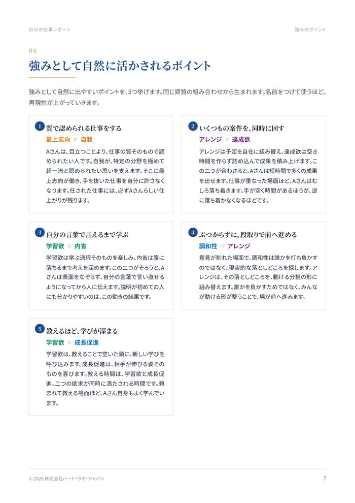 Aさんの仕事に活かす わたしの強みレポート・06ページ 強みとして自然に活かされるポイント