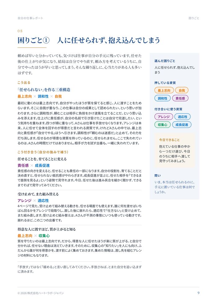 Aさんの仕事に活かす わたしの強みレポート・08ページ 困りごと① 人に任せられず、抱え込んでしまう