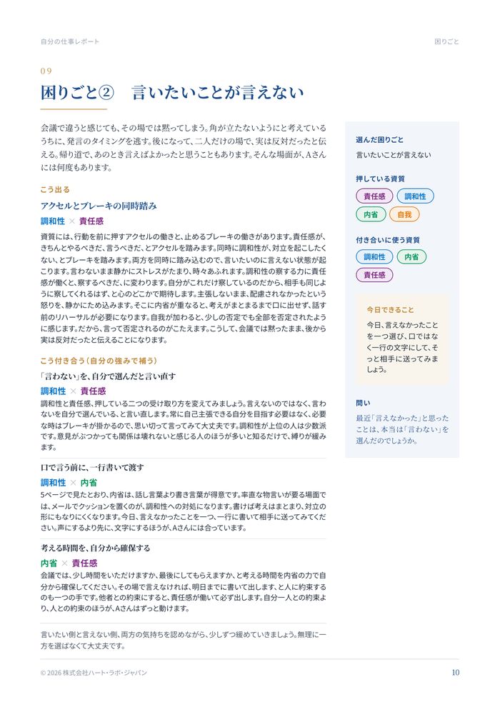 Aさんの仕事に活かす わたしの強みレポート・09ページ 困りごと② 言いたいことが言えない