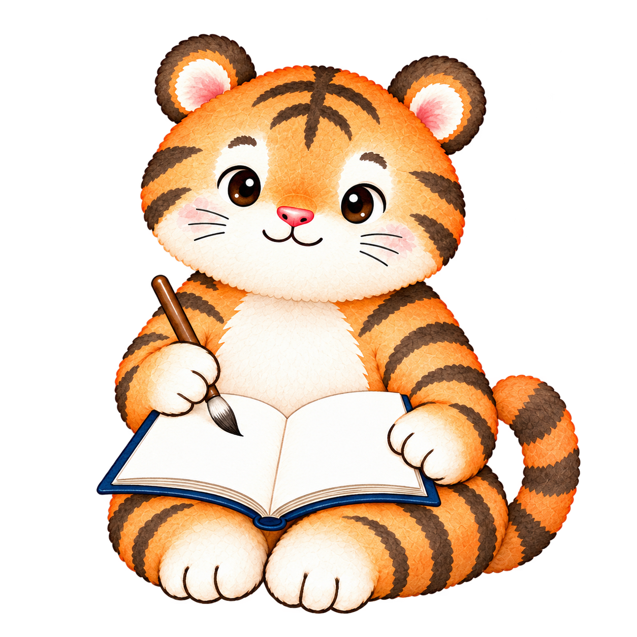 本に筆で書き込もうとしている虎のイラスト