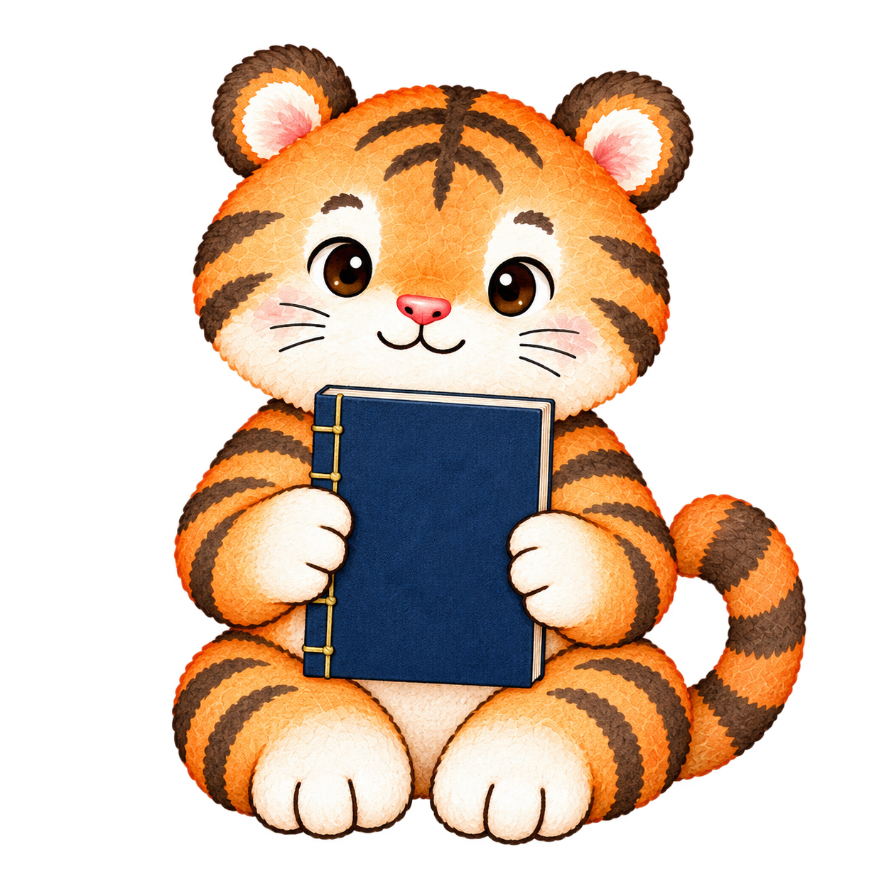 綴じあがった一冊を抱えている虎のイラスト