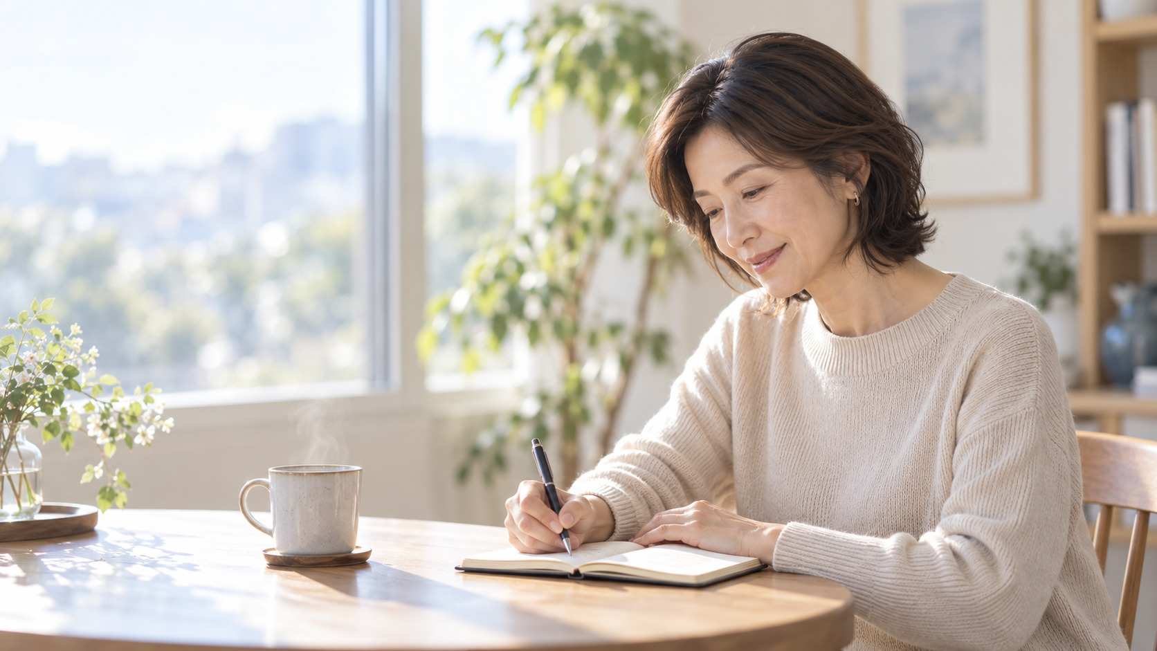 窓辺のテーブルで、ノートに短く書きとめる女性