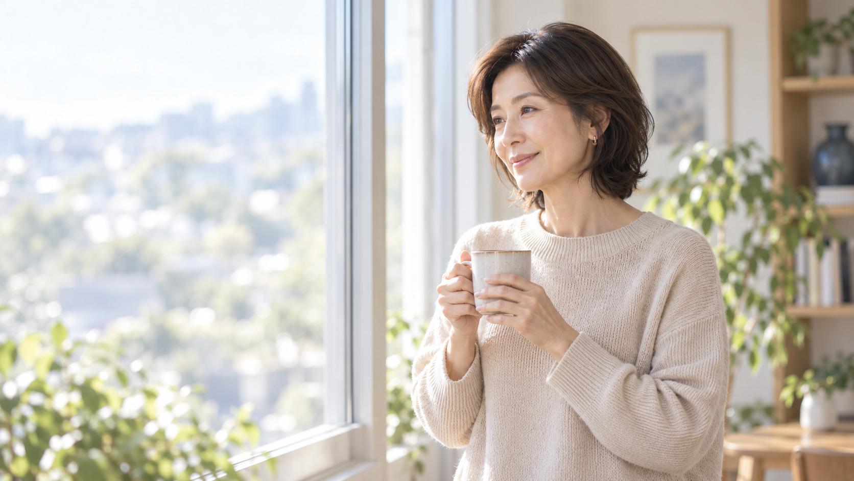 窓辺でカップを手に、おだやかに外を眺める女性