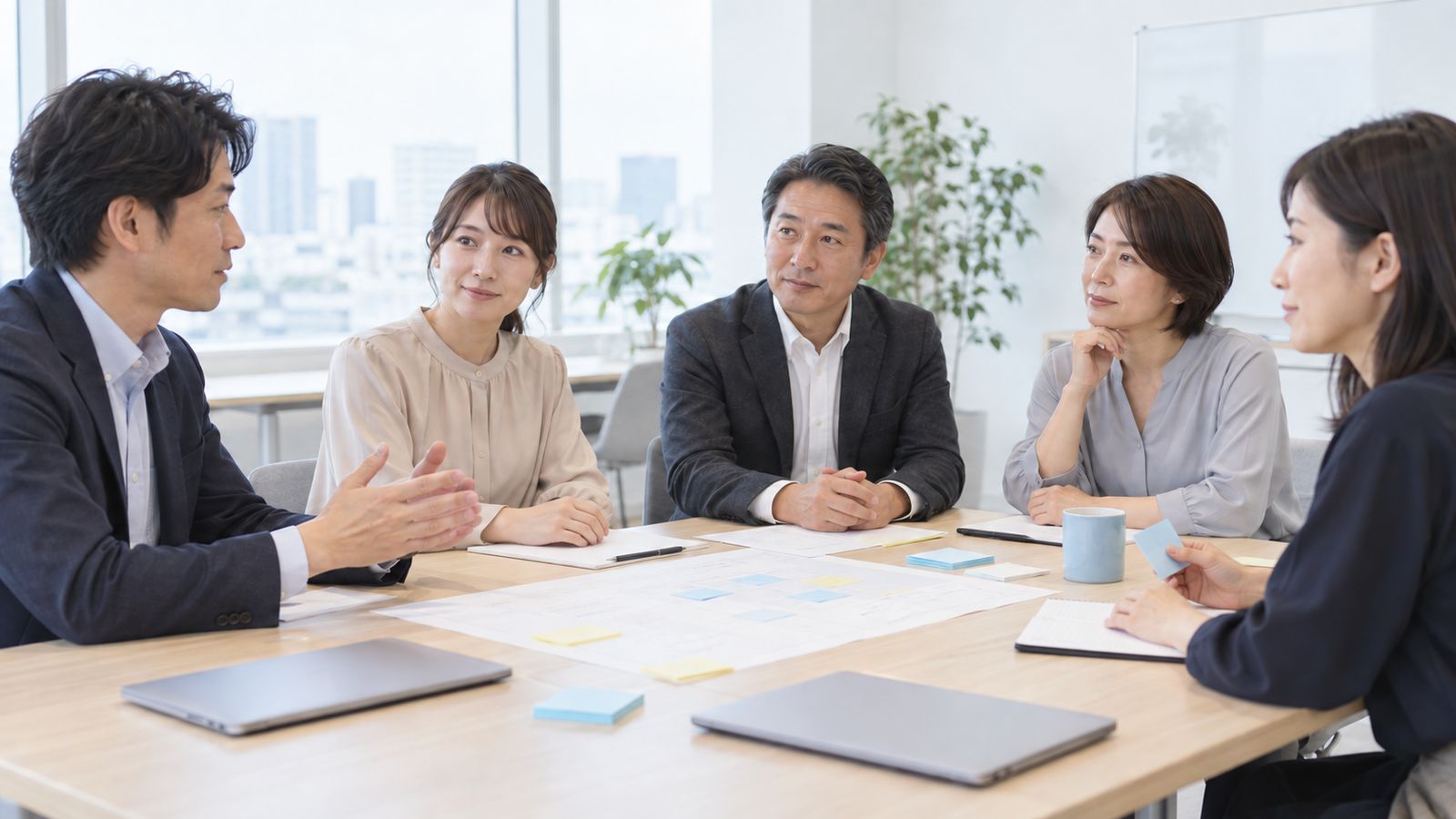 付箋とワークシートを使って話し合う研修の受講者