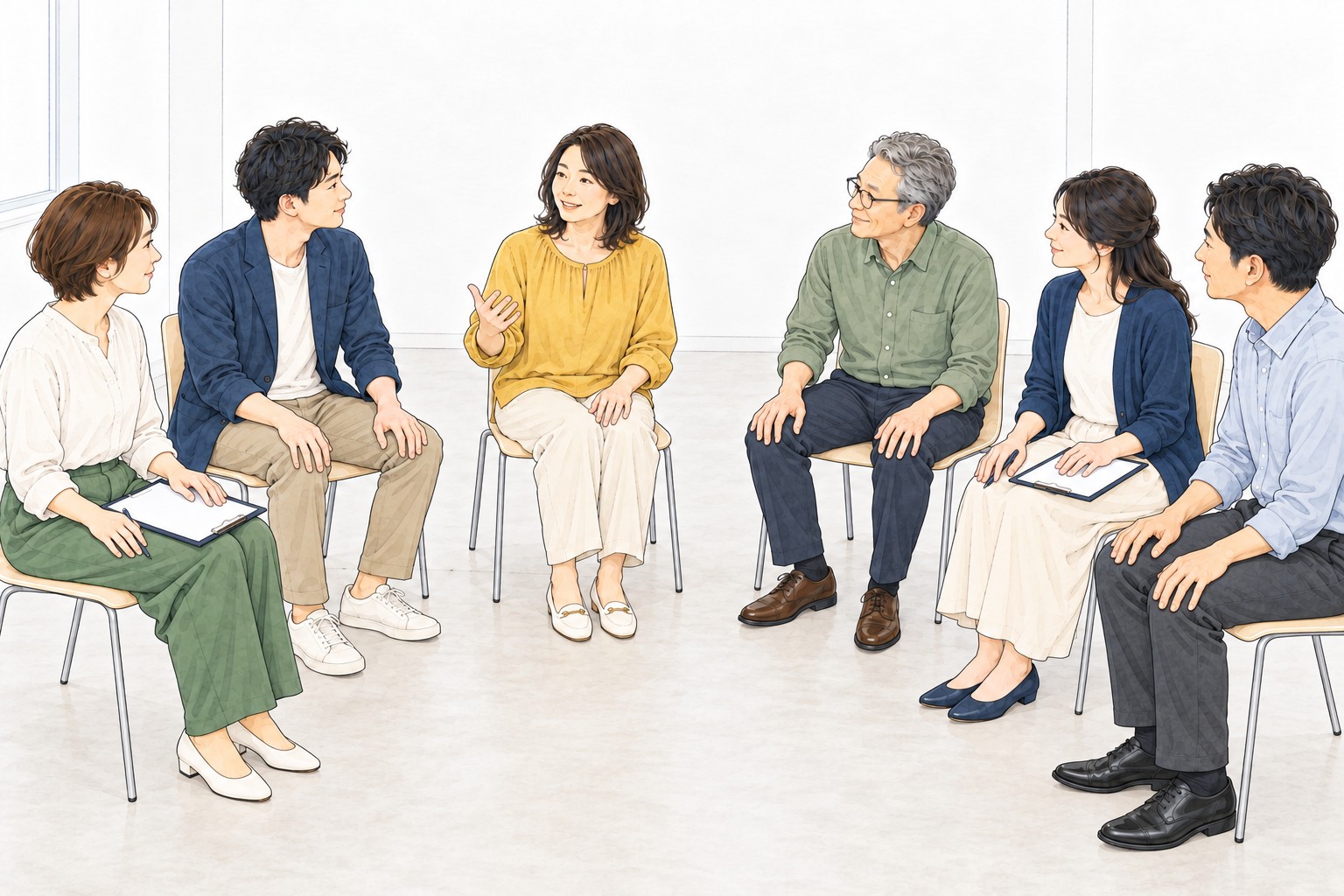 会議室でいすを輪にして座り、1人の話をほかの人が聞いている水彩の絵