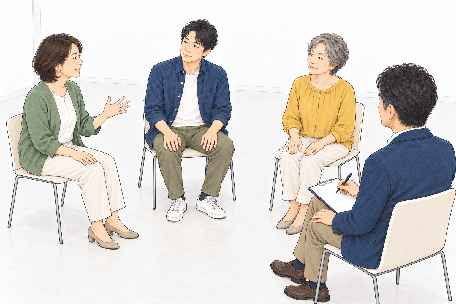 いすを向かい合わせて座った4人のグループで、1人の話をほかの3人がそれぞれの表情で聞いている水彩の絵