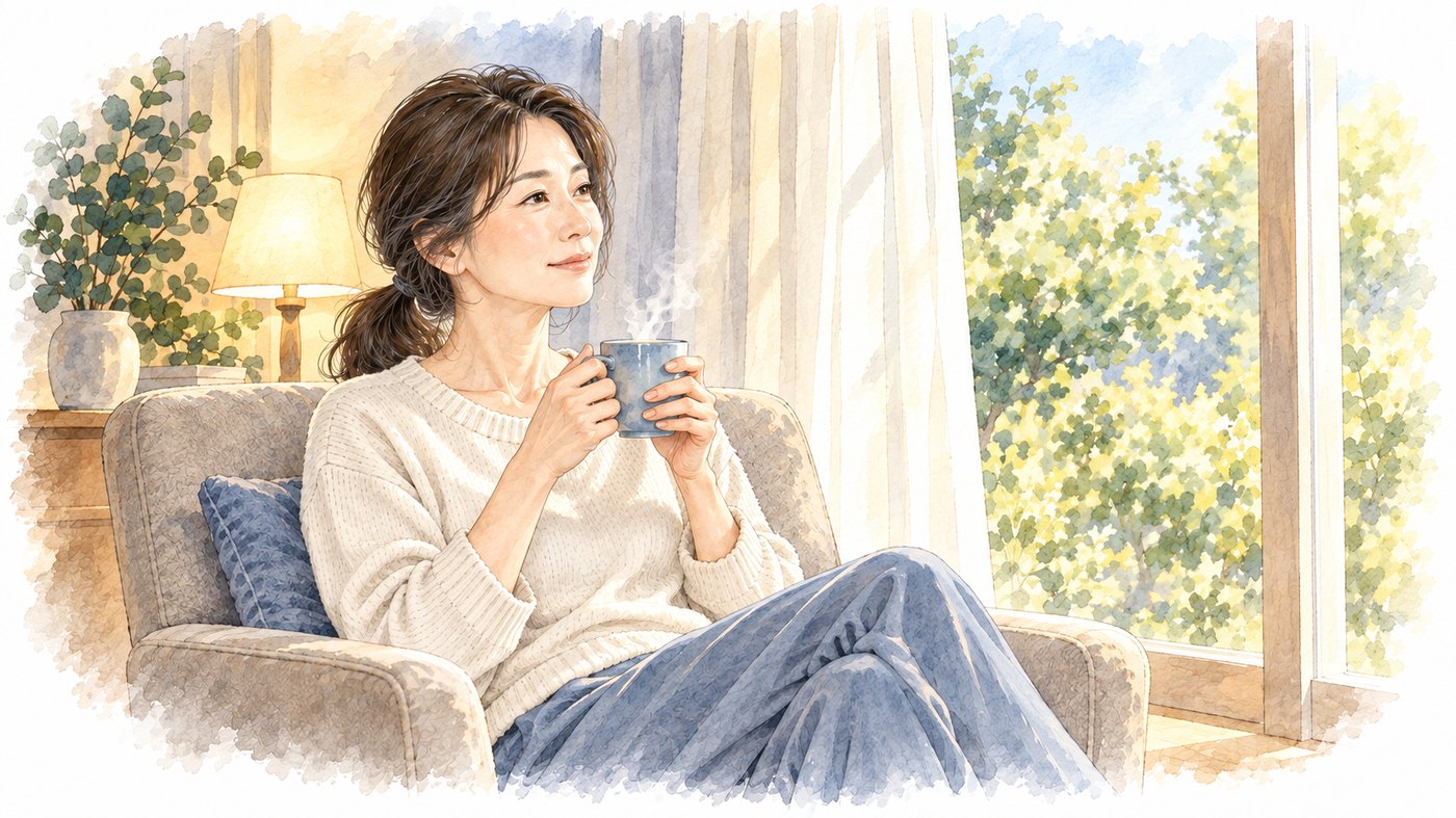 朝の明るい窓辺で、カップを手にくつろぐ女性の水彩画