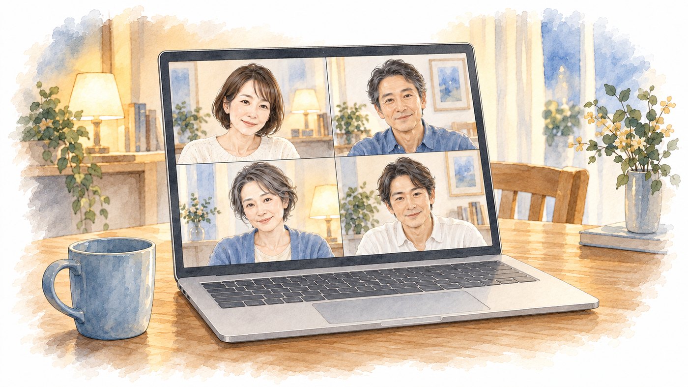 ノートパソコンの画面に、グループに分かれて話す数人の顔が並んでいる水彩画