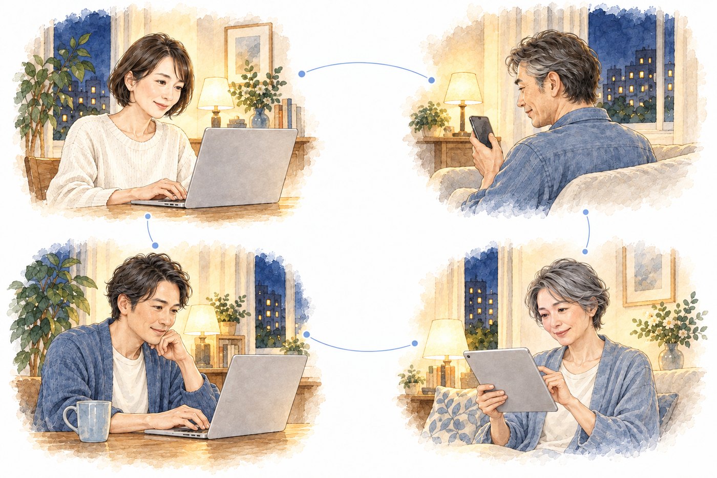それぞれ自宅にいる4人が、パソコンやスマートフォン、タブレットでつながって報告し合っている水彩画