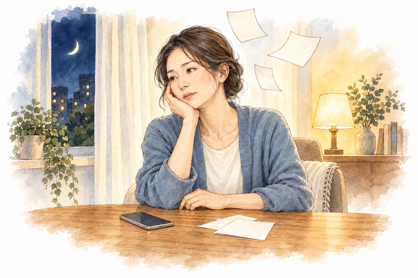 夜、机にほおづえをついて考えこむ女性。頭の上に白いメモ用紙が数枚浮かんでいる